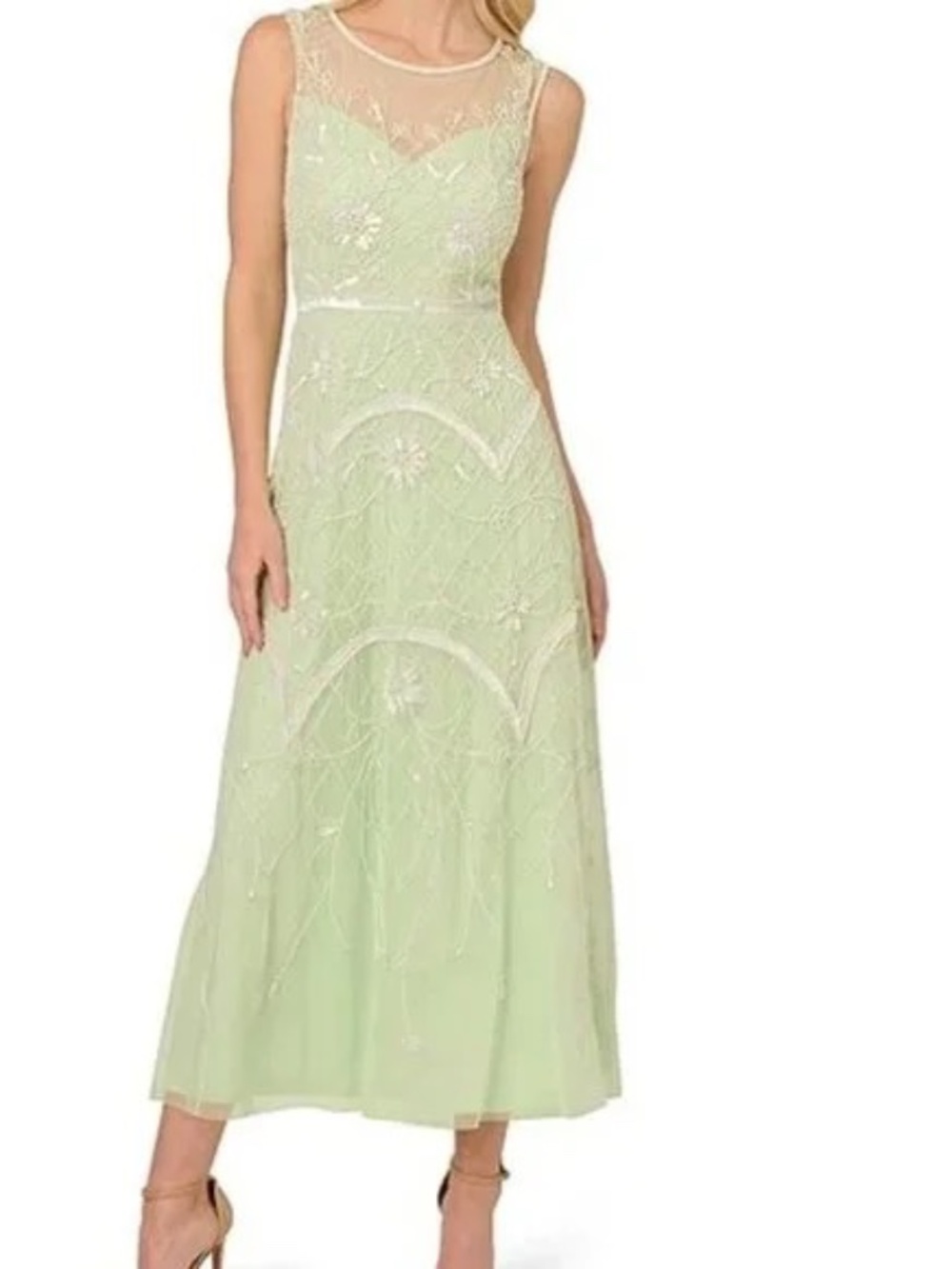 Adrianna Papell Beaded Aloe Green Crew Neck Sleeveless Maxi Dress